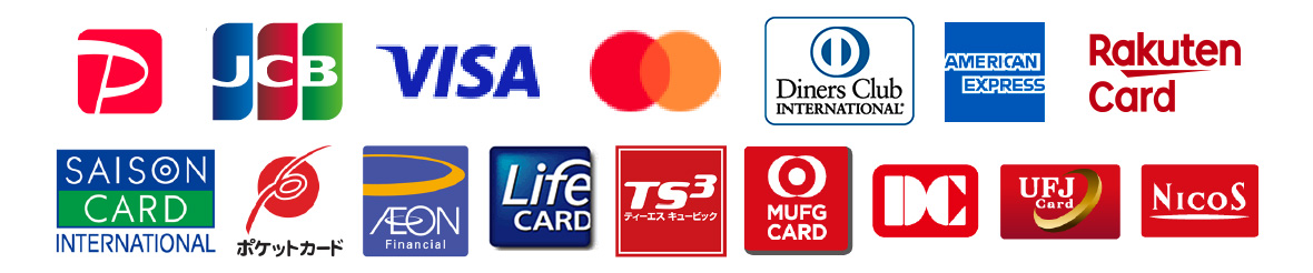 PayPay決済・JCBカード・VISAカード・MasterCard・ダイナースクラブ・アメリカンエキスプレス・楽天カード・SAISONCard・ポケットカード・イオンカード・LifeCard・TS CUBIC CARD・MUFGカード・DCカード・三菱UFJカード・NICOSカード